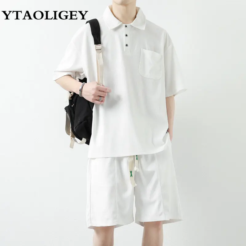 Summer Men Sets Mens Short-sleeved Turn Down Collar T-shirt Trousers Casual Two Pieces Tees Ropa Hombre Tracksuit Ice Silk Sets
Summer Men Sets Mens Short-sleeved Turn Down Collar T-shirt Trousers Casual Two Pieces Tees Ropa Hombre Tracksuit Ice Silk Sets