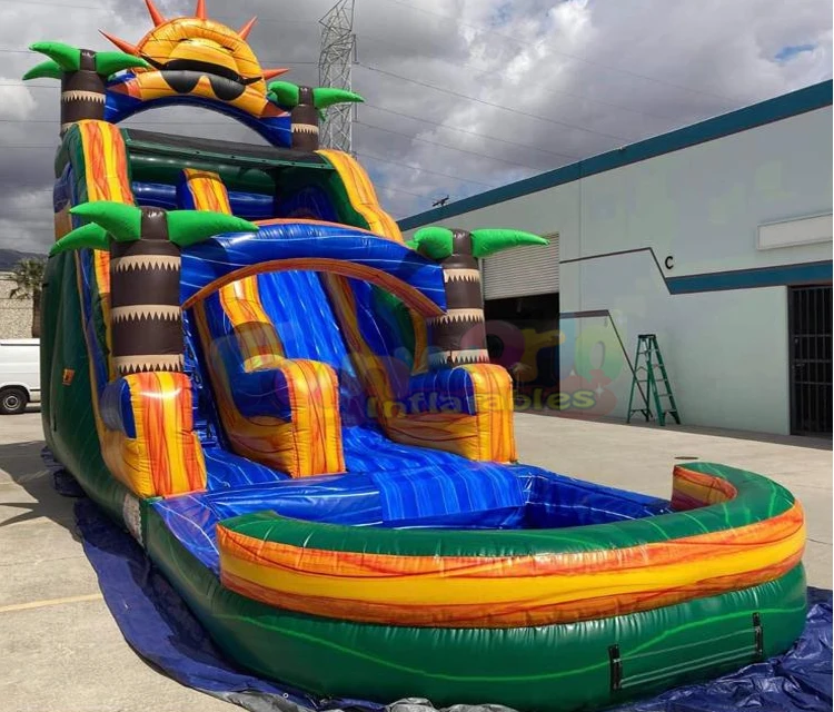 

Commercial backyard palm tree jumping bouncer marble tropical waterslide combo bounce house inflatable water slide with pool