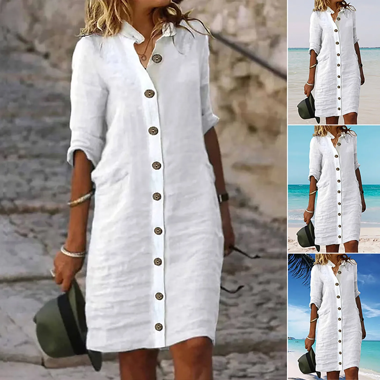 Women'S Cotton Linen Solid Color Dress Autumn Casual Pocket Roll Sleeves Button T Shirt Dress Button Robes Vestidos Para Mujer 
Women'S Cotton Linen Solid Color Dress Autumn Casual Pocket Roll Sleeves Button T Shirt Dress Button Robes Vestidos Para Mujer