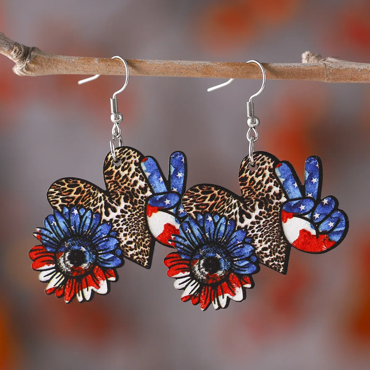 New American Independence Day Earrings Love Leopard Pattern Star Stripe Sunflower Victory Gesture Double sided Wood Earrings
New American Independence Day Earrings Love Leopard Pattern Star Stripe Sunflower Victory Gesture Double sided Wood Earrings