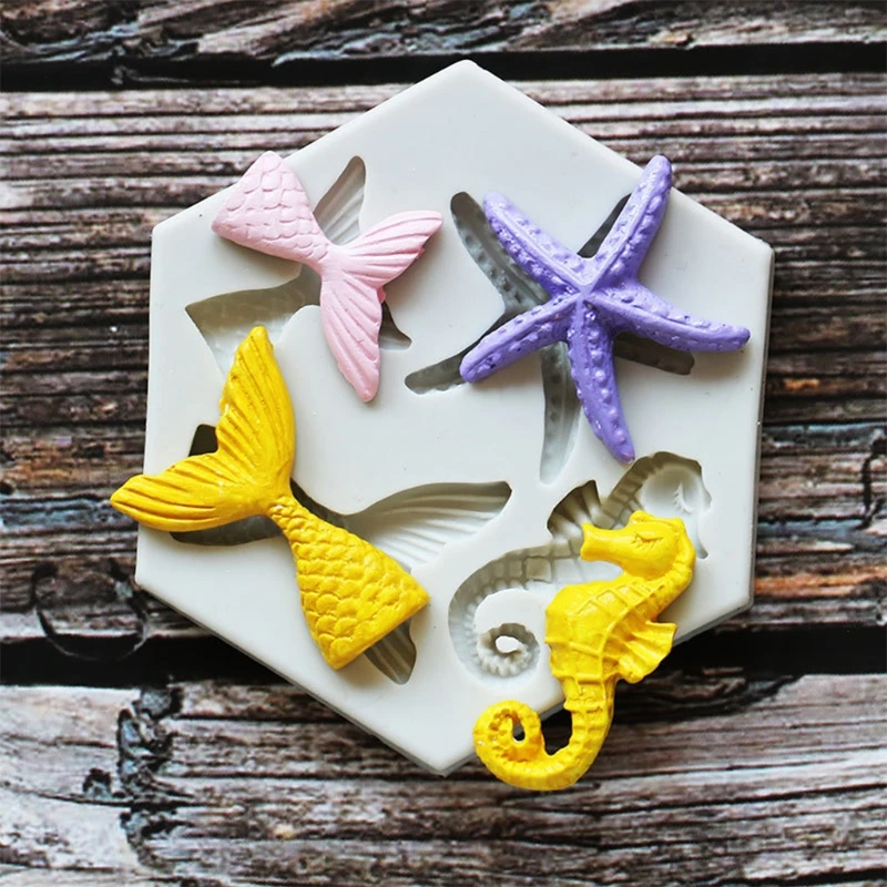 

XX9B Ocean Cake Mousse Decors Fondant Mermaid Tail Starfish Seahorse Chocolate Silicone Material Mold Epoxy Moulds for Baking