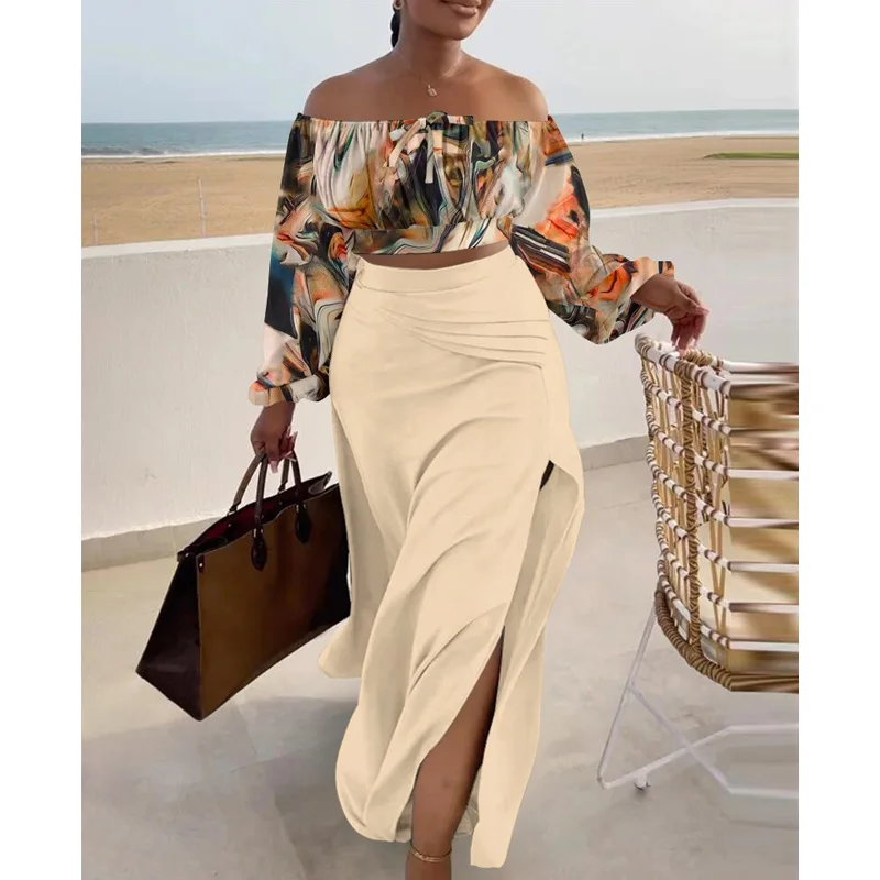2023 New Fashion Women 2 Piece Dress Suits Printed Long Sleeve Off Shoulder Crop Top & Split Long Skirt Set
2023 New Fashion Women 2 Piece Dress Suits Printed Long Sleeve Off Shoulder Crop Top & Split Long Skirt Set