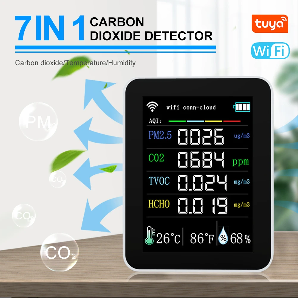 7In1 Smart Air Quality Monitor PM2.5 TVOC HCHO AQI CO2 Meter Digital Temperature Humidity Tester Household Carbon Dioxide Tester
7In1 Smart Air Quality Monitor PM2.5 TVOC HCHO AQI CO2 Meter Digital Temperature Humidity Tester Household Carbon Dioxide Tester