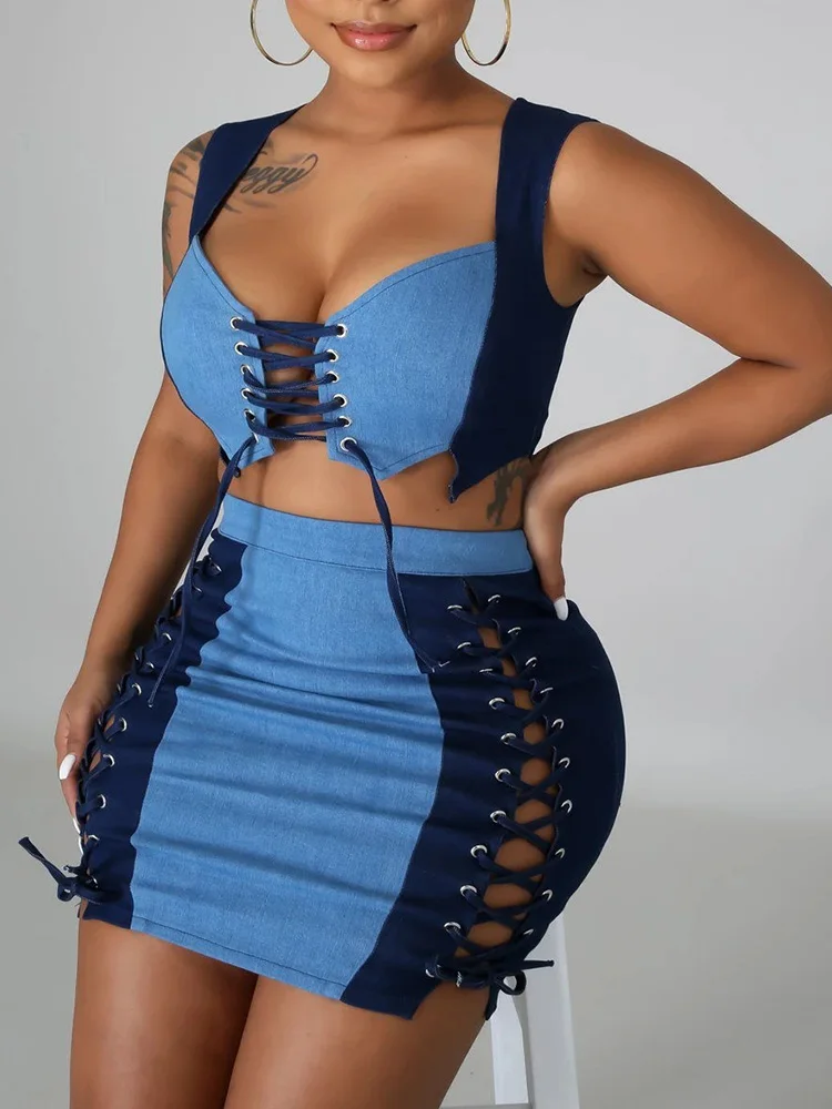 Пикантный бандажный топ и юбка на шнуровке Colorblock, комплект из двух предметов для женщин 
Пикантный бандажный топ и юбка на шнуровке Colorblock, комплект из двух предметов для женщин