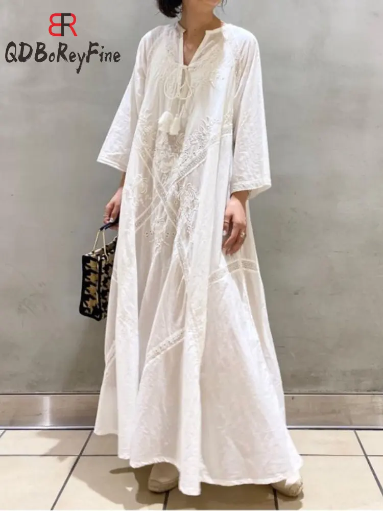 White Women's Summer Dress Cotton Long Sleeve Elegant Loose Embroidered Lace UP Maxi Long Beach Dress Holiday Oversized Dresses
White Women's Summer Dress Cotton Long Sleeve Elegant Loose Embroidered Lace UP Maxi Long Beach Dress Holiday Oversized Dresses