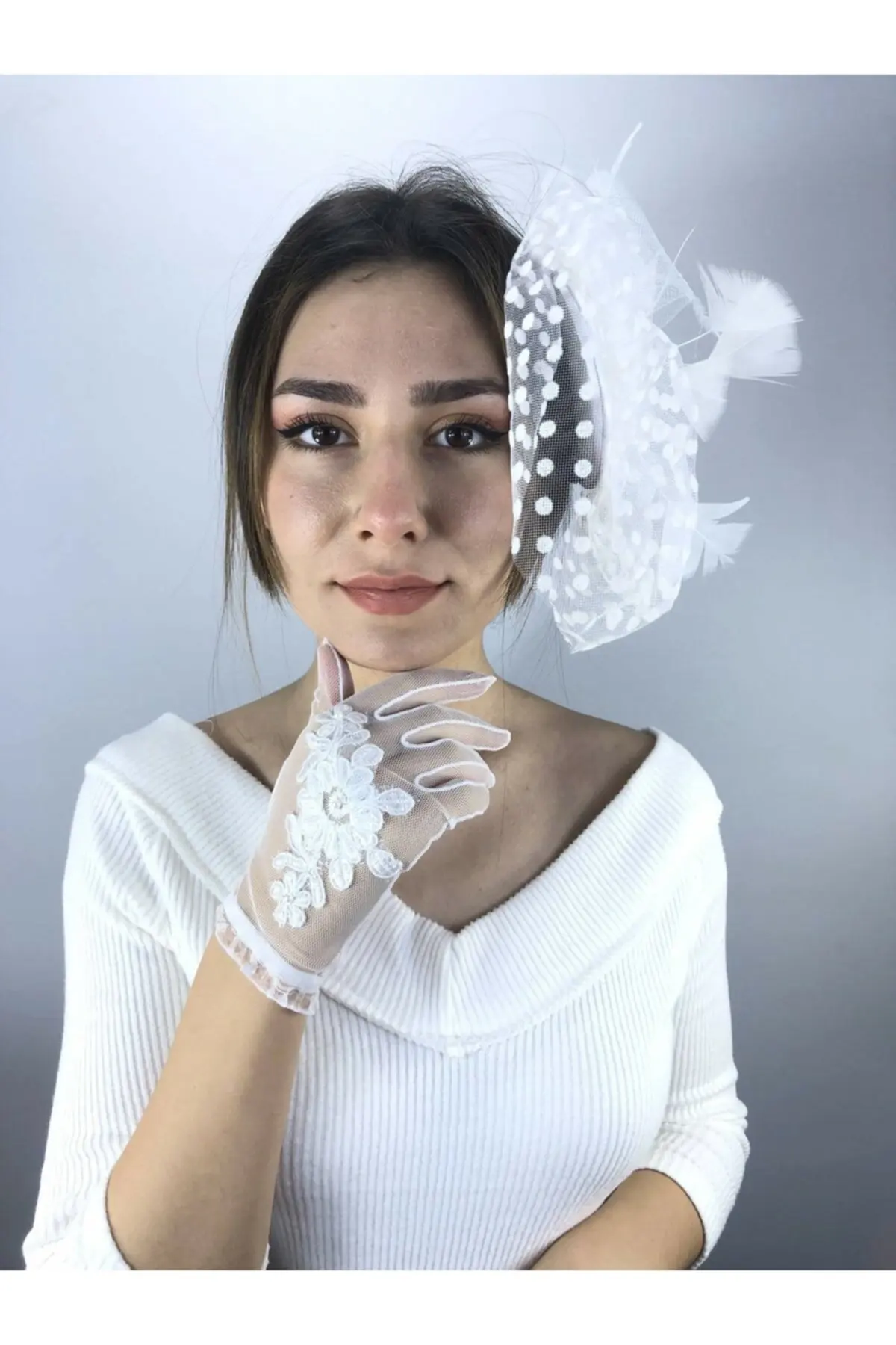 

White Short Ruched Bridal Gloves And Vualet Set Lace Mesh Bridal Transparent Elegant Fishnet Silk Tulle Guipure
