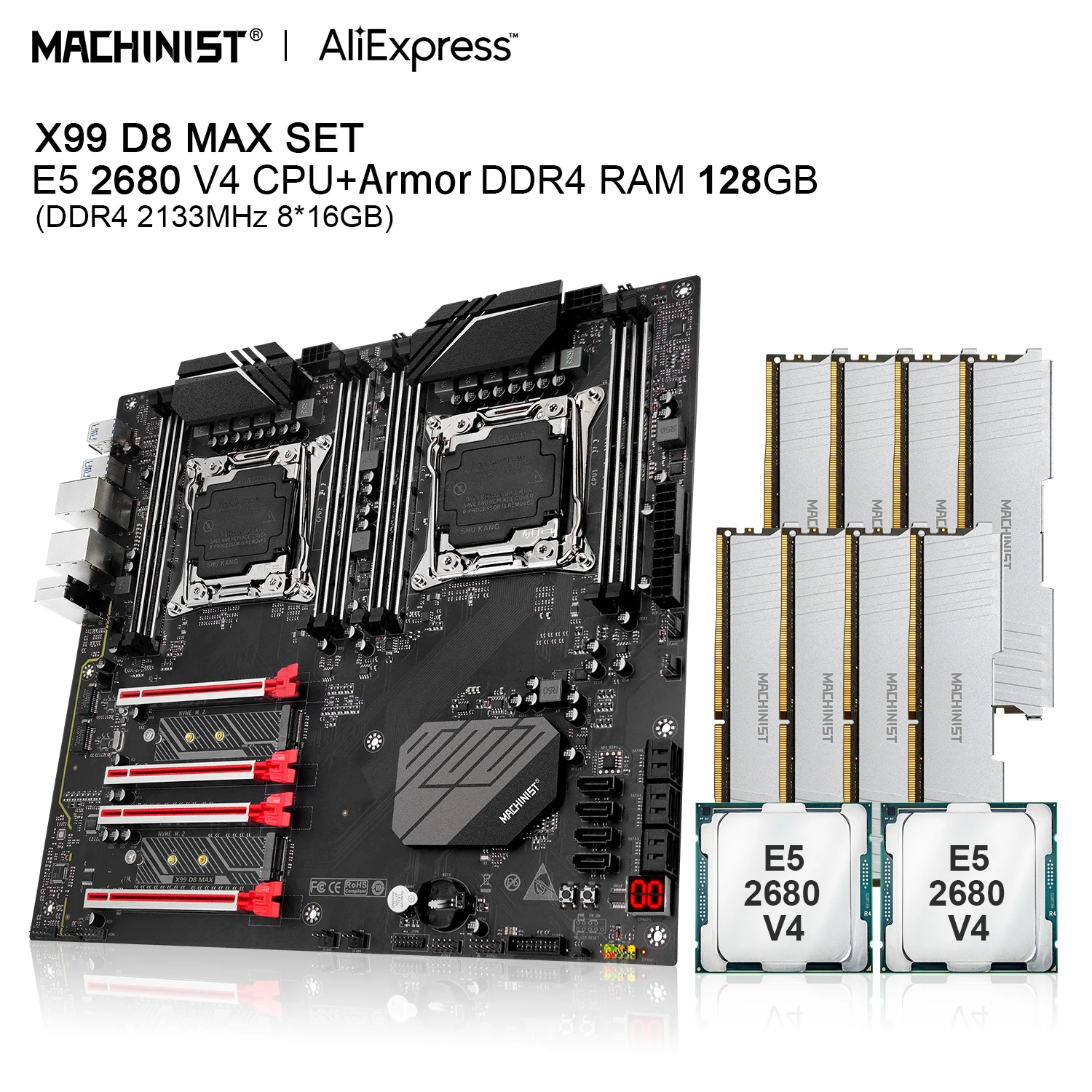 MACHINIST X99 D8 MAX материнская плата LGA 2011-3 комплект с Intel Xeon E5 2680 V4 CPU * 2 128 ГБ (16*8 ГБ) DDR4 ECC RAM