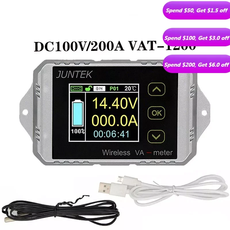 Цветной многофункциональный цифровой светодиодный измеритель мощности VAT1200, 200 А, измеритель напряжения и тока, измеритель мощности кВт/ч, измеритель Coulomb