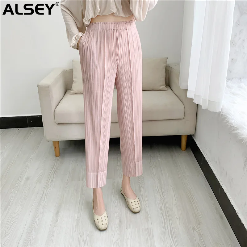 

ALSEY Miyake Pleated Pants Casual Fashion Versatile Comfortable Casual Slim High Waisted Elastic Waist Women's Nine Minute Pants