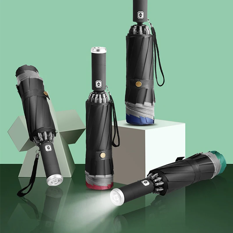 

Автоматический зонт со светоотражающей полосой, с реверсивной светодиодной лампой, складывающиеся перевернутые 10-ребристые ветрозащитные зонтики с черным покрытием