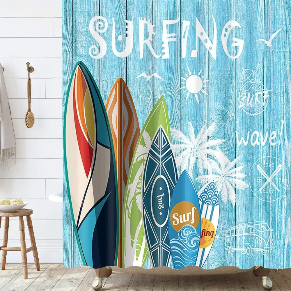 

Beach Shower Curtain Summer Surfing Tropical Surfboard Palm Tree on Teal Blue Rustic Wooden Plank Fabric for Bathroom Curtains