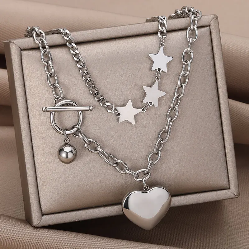 Vintage Platinum Color Love Stars Double Layer Necklace, Stainless Steel Link Chain Chokers Necklace for Women Jewelry
Vintage Platinum Color Love Stars Double Layer Necklace, Stainless Steel Link Chain Chokers Necklace for Women Jewelry