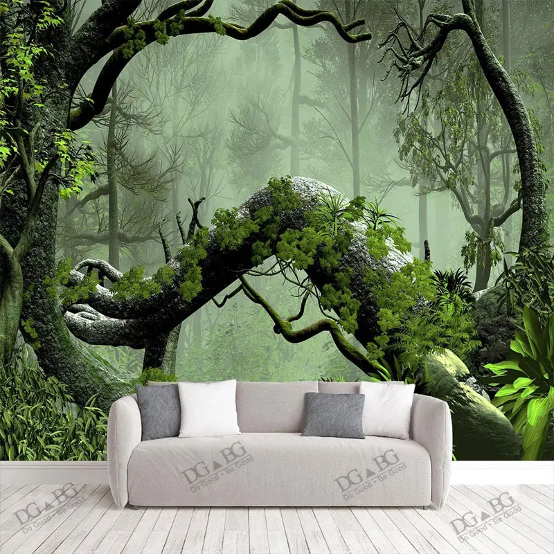 

Foggy Fantasy Enchanted Forest Wallpaper Extra Large Wall Green Jungle Bedroom Mural Woodland Trees Couches Art Decor Paintings