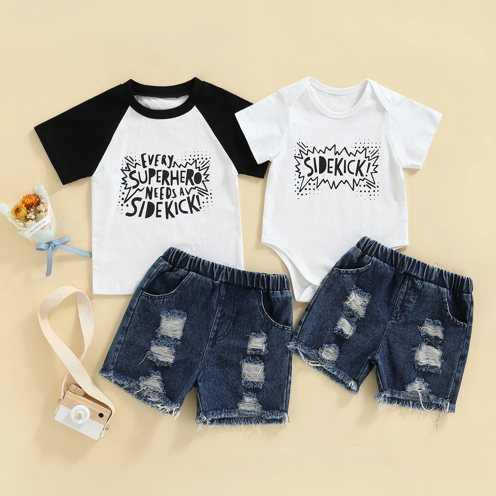 Boy\u2019s Tops and Shorts Set Fashion Letter Short Sleeve Romper/T-shirt and Ripped Denim Short Pants
Boy\u2019s Tops and Shorts Set Fashion Letter Short Sleeve Romper/T-shirt and Ripped Denim Short Pants