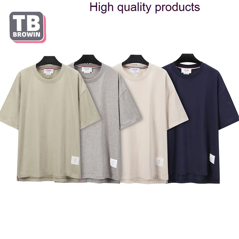 

TB Brand BROWIN men's round-necked T-shirt bat short sleeves luxury combed cotton four bar stripes loose Korean version forked