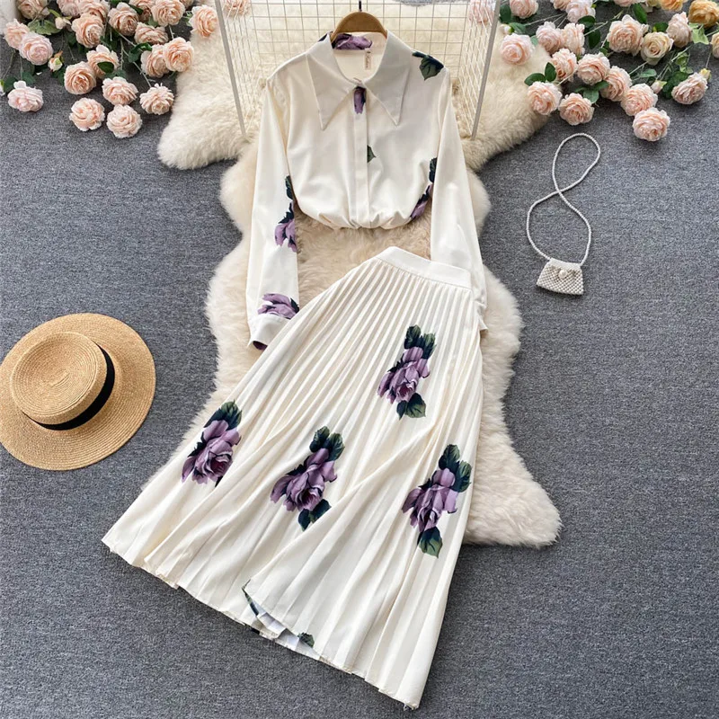 Women Summer Shirts Sets OL Style Single Breasted Print Flowers Pleated Long Skirts Suits Female Ladies Clothing
Women Summer Shirts Sets OL Style Single Breasted Print Flowers Pleated Long Skirts Suits Female Ladies Clothing