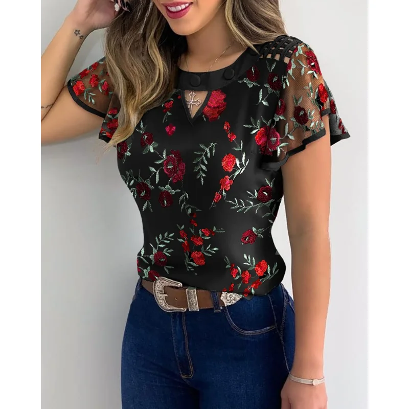 Women Embroidery Shirt Top Sexy Mesh Sleeve Floral Hollow-Out Short Sleeve Tee Tops T-shirts 2023
Women Embroidery Shirt Top Sexy Mesh Sleeve Floral Hollow-Out Short Sleeve Tee Tops T-shirts 2023