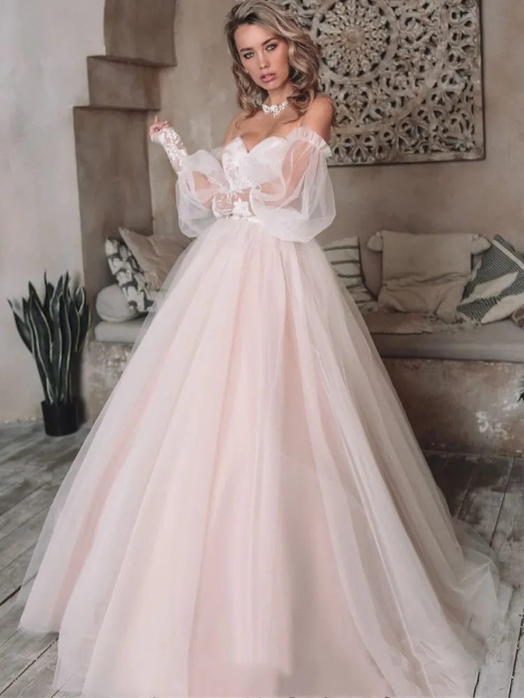 Bohemian Sweetheart Princess Pink Wedding Dress 2022 Puffy Sleeves Chiffon Lace Applique Illusion Ball Prom Gown Robe De Mariee
Bohemian Sweetheart Princess Pink Wedding Dress 2022 Puffy Sleeves Chiffon Lace Applique Illusion Ball Prom Gown Robe De Mariee