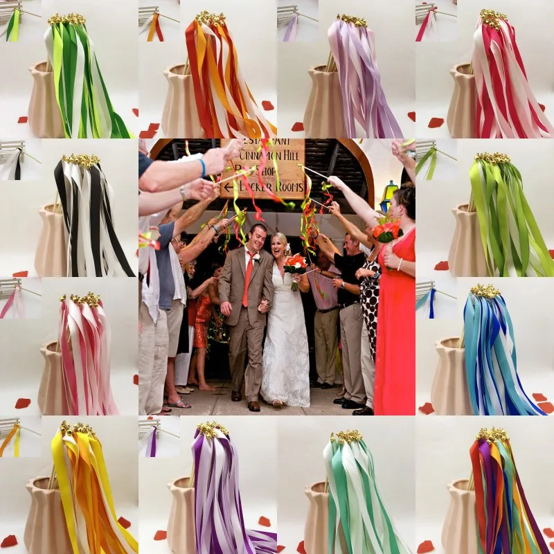 50pcs Colorful Stain Ribbon Wedding Stick Mixed White Lace Ribbon Color Wedding Wands with Gold Bells for Wedding Decoration
50pcs Colorful Stain Ribbon Wedding Stick Mixed White Lace Ribbon Color Wedding Wands with Gold Bells for Wedding Decoration