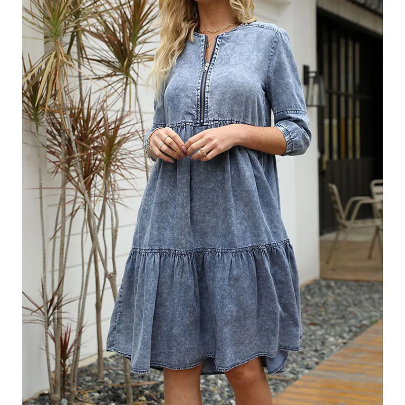 Women Denim Dress Loose Mid-length Zipper Round Neck Stitching Ruffled Blue Half-sleeves Xl 2023 Summer New Style Free Shipping
Women Denim Dress Loose Mid-length Zipper Round Neck Stitching Ruffled Blue Half-sleeves Xl 2023 Summer New Style Free Shipping