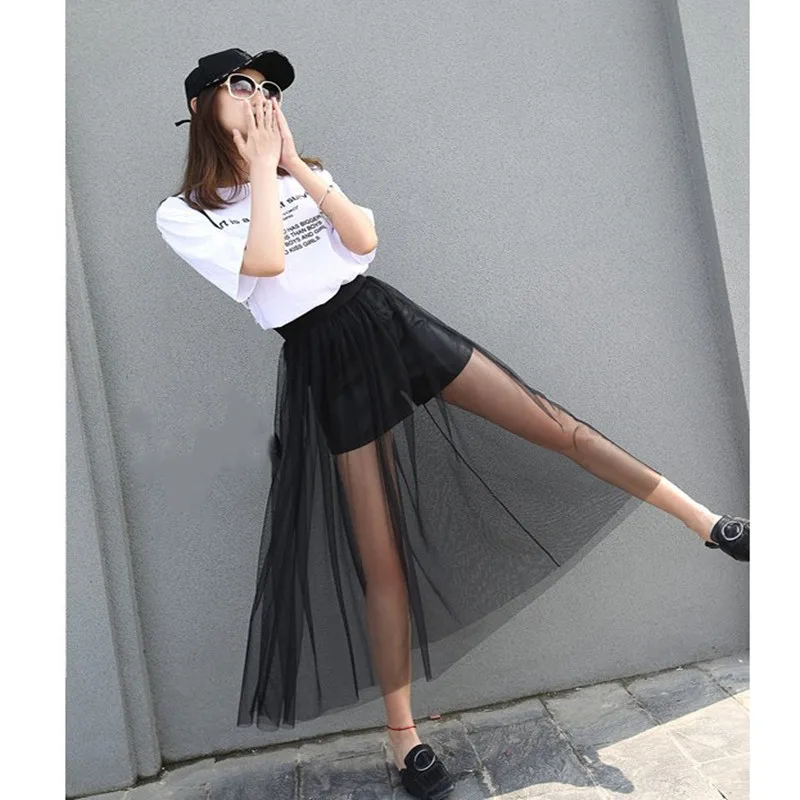 

2023 Summer Long Lace Skirt Women Black White Mesh Voile Casual Skirts Low Waist Bohemian Sexy Transparent Maxi Wear See-through