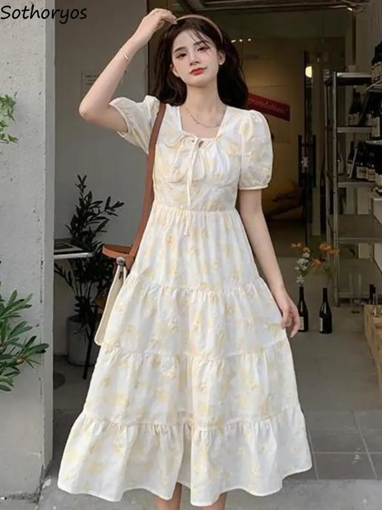 Dresses Women Flowers French Style Sweet Puff Sleeve Simple All-match Lace-up Temperament Leisure Ladies Creativity Summer New
Dresses Women Flowers French Style Sweet Puff Sleeve Simple All-match Lace-up Temperament Leisure Ladies Creativity Summer New