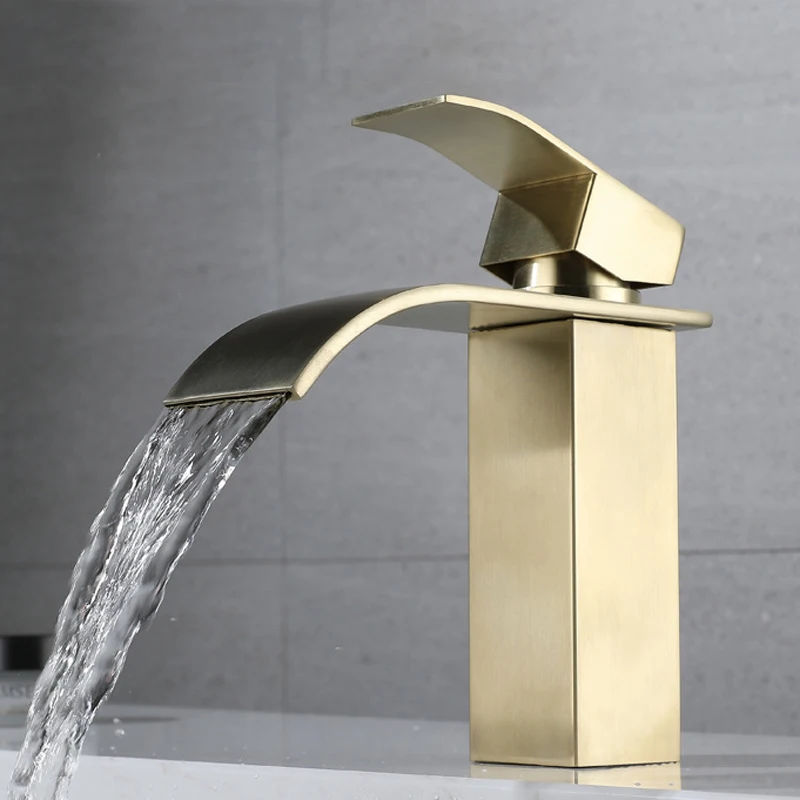 

Waterfall Basin Faucet Deck Mounted Stainless Steel Brushed Gold Sink Tap Hot & Cold Water Mixer Bathroom Vanity Vessel Faucets