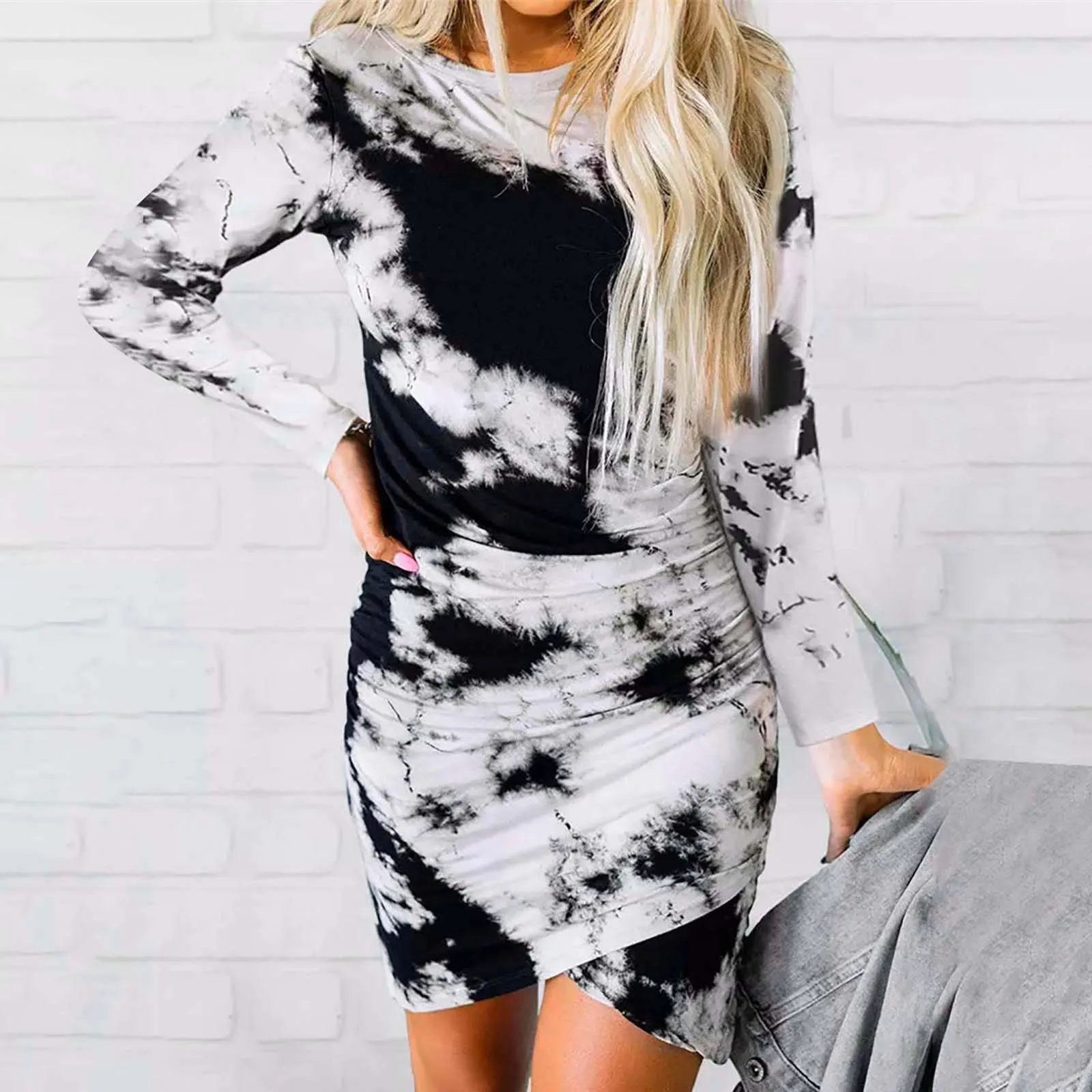 

Women's Fashion Sexy Tie Dyed Long Sleeved Round Necked Slim Hip Dress Breastfeeding Dress for Women