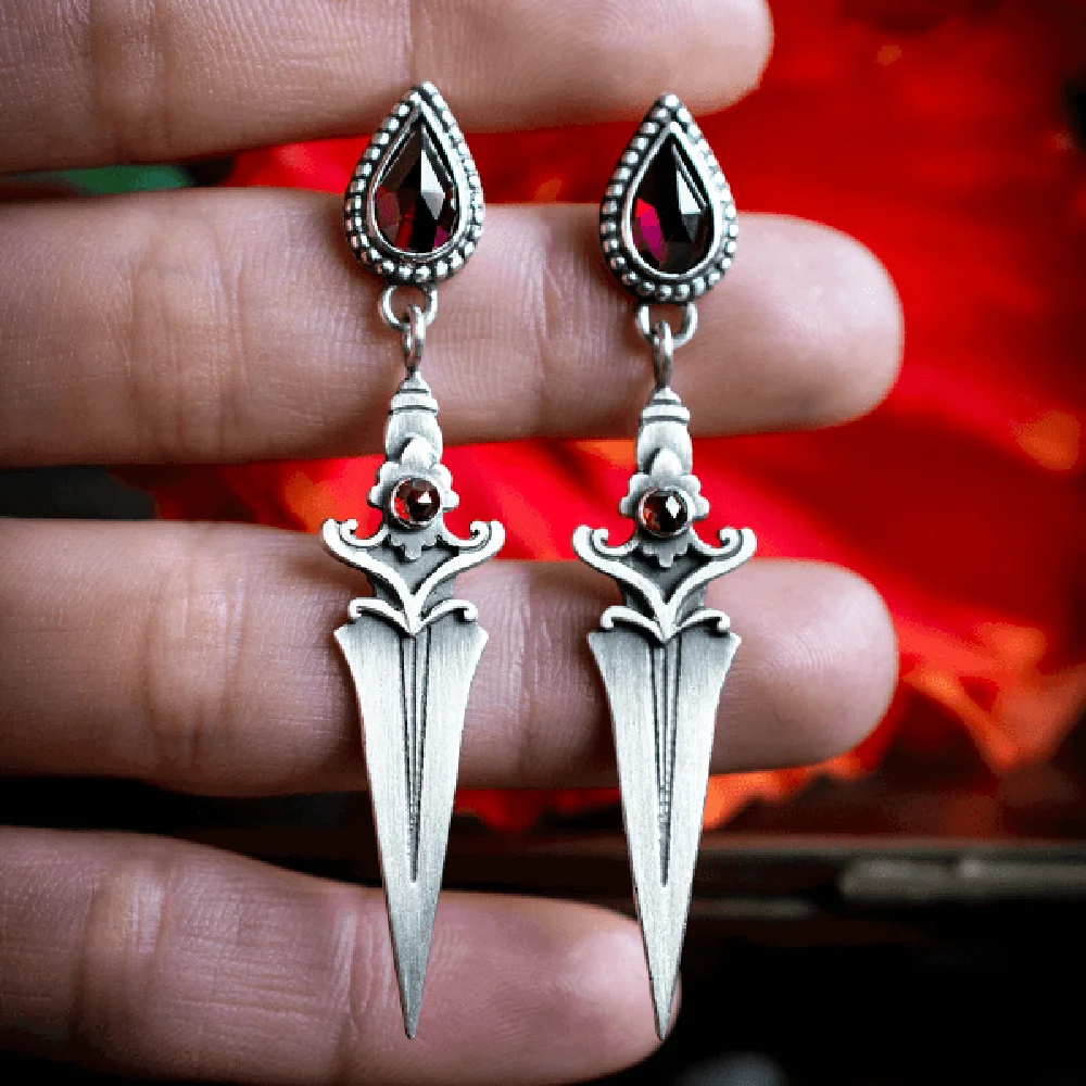 

Sword Waterdrop Red Stones Pendants Earrings For Women Vintage Personalized Piercing Ear Drop Accessories Party Gifts Jewelry