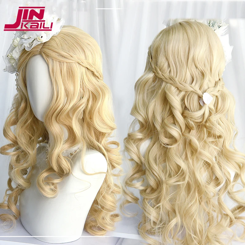 

JINKAILI 60cm Synthetic Long Curly Cosplay Wig With Bangs Light Blonde Pink Lolita Wig Women Wigs Halloween Cosplay Wigs Female