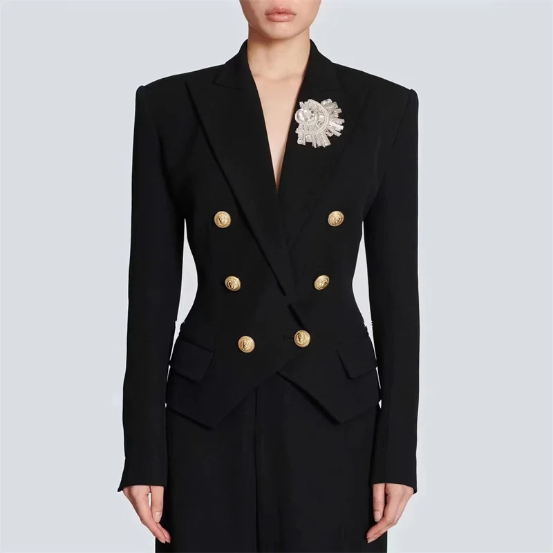 

2023FW New ladies lapelDouble-breasted crystal Brooch Decoration slim fit suitJacket y2k fashionRetro buttonDecorationCasual top