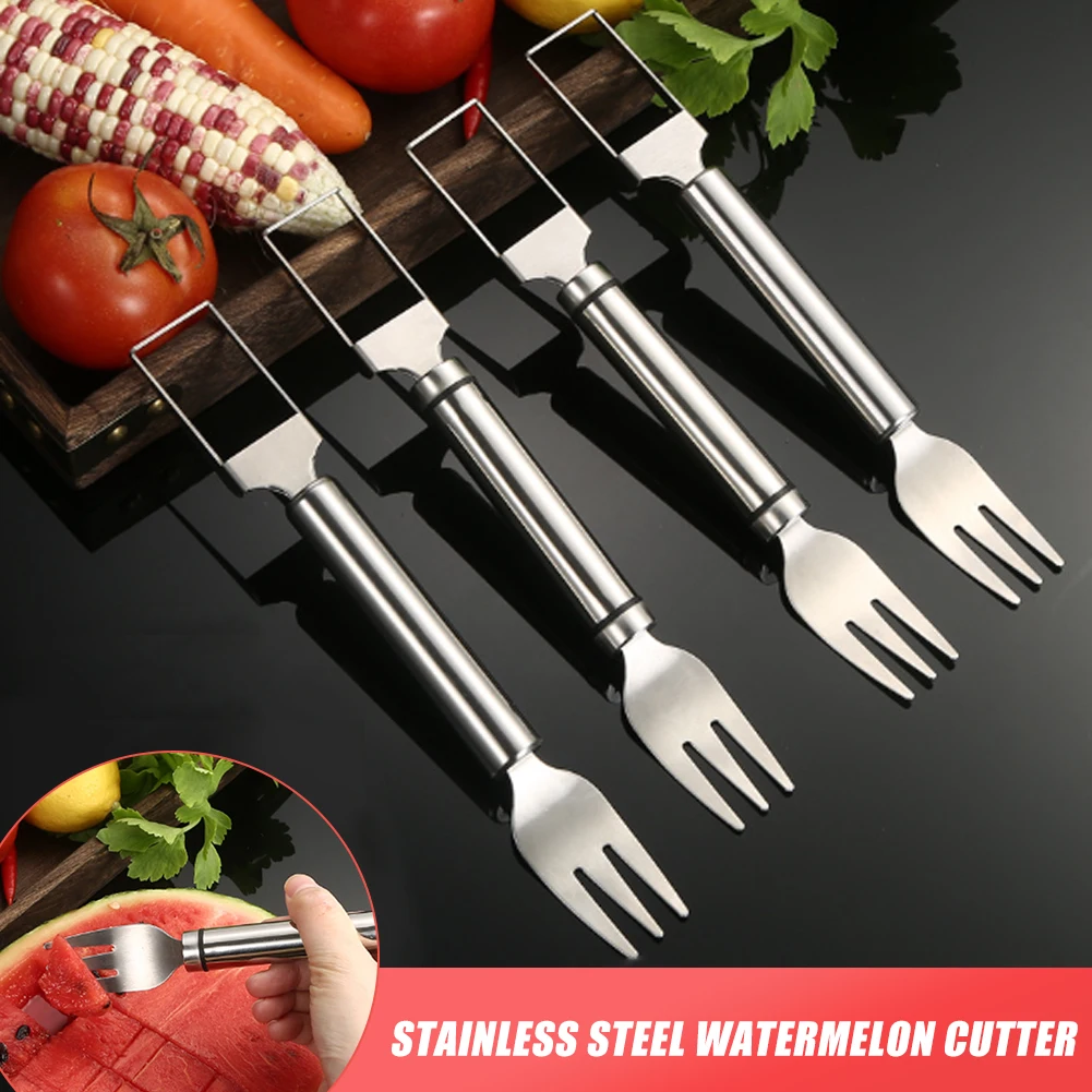 

1pc Watermelon Cutter Slicer Tool Fork 2 In 1 Stainless Steel Watermelon Fruit Slicer Fruit Salad Knife Fork Tool Kitchen Gadget