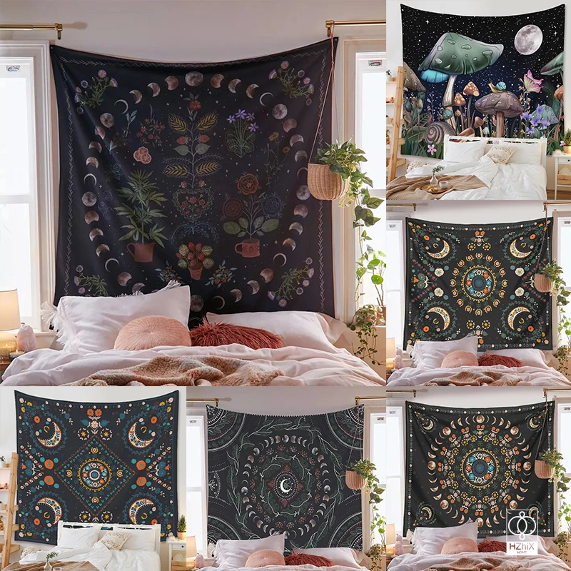 

Psychedelic Moon Phase Tapestry Bohemia Flowers Plants Pattern Blanket Tapestry Bedroom Bedspread Decoration Sky Carpet