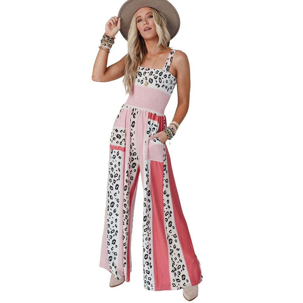 Pink leopard color matching printing pocket jumpsuits personality wide-legged flared pant
Pink leopard color matching printing pocket jumpsuits personality wide-legged flared pant