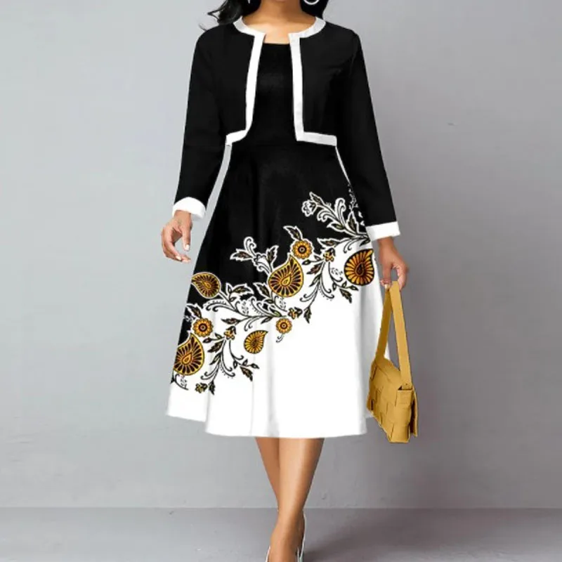 Spring Autumn Elegant Office Lady Two-piece Dress Women Casual Sleeveless Party Suit Dress Commute Fashion Print Dress With Coat
Spring Autumn Elegant Office Lady Two-piece Dress Women Casual Sleeveless Party Suit Dress Commute Fashion Print Dress With Coat