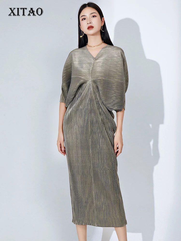 

XITAO, плиссированное асимметричное платье для женщин, Корея, лето 2023, Новое поступление, индивидуальное модное Свободное платье с v-образным вырезом и рукавами «летучая мышь» HQQ0791