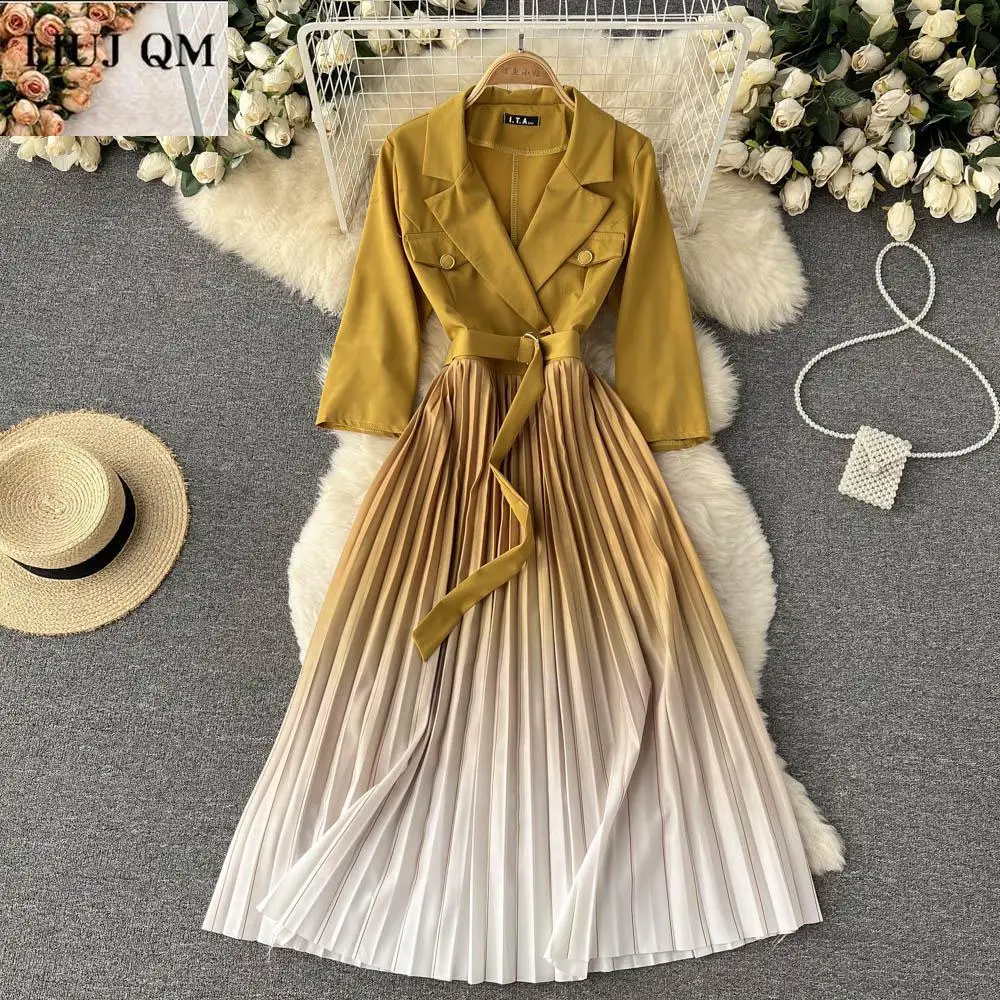 Elegant Office Lady Blazer Dress Women Spring Summer Notched Neck High Waist Gradient Rainbow Color Pleated Long Bandage Dress
Elegant Office Lady Blazer Dress Women Spring Summer Notched Neck High Waist Gradient Rainbow Color Pleated Long Bandage Dress