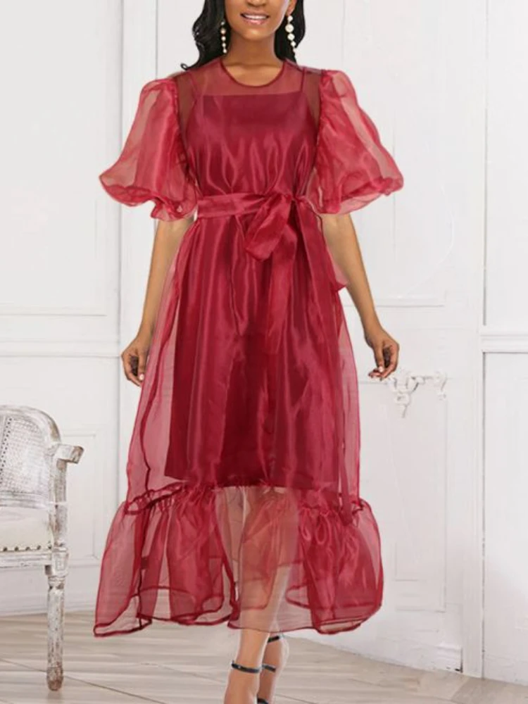 Женский комплект из двух предметов, платье с круглым вырезом, коротким рукавом-фонариком, поясом на талии, модное летнее прозрачное повседн...
Женский комплект из двух предметов, платье с круглым вырезом, коротким рукавом-фонариком, поясом на талии, модное летнее прозрачное повседн...