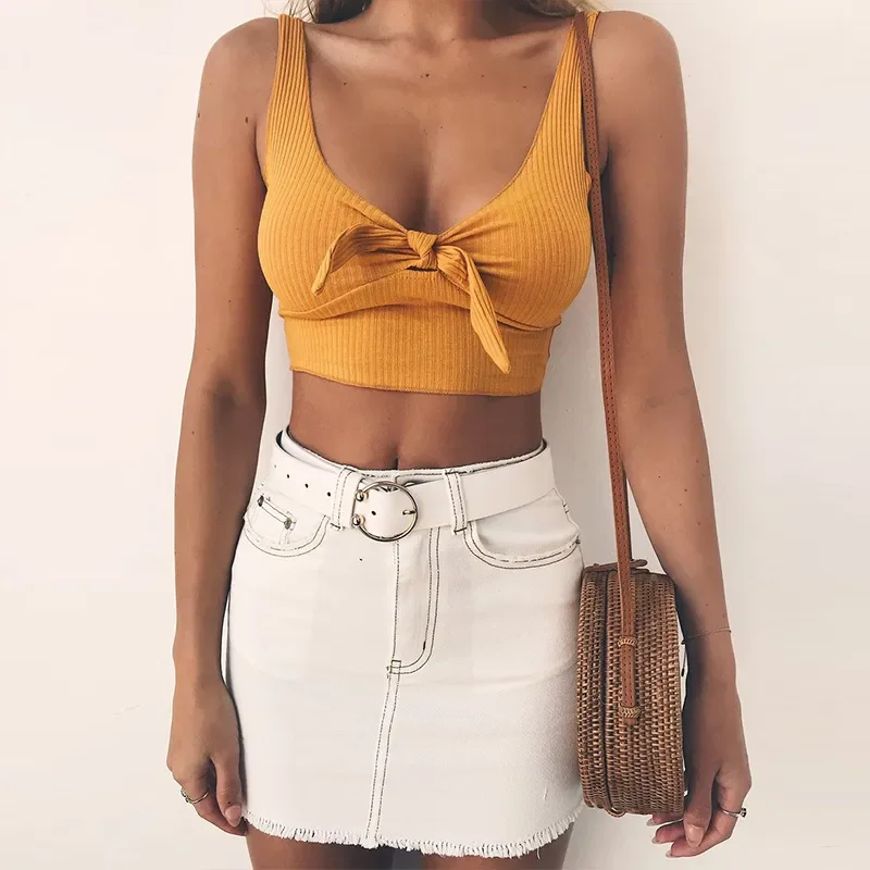 

Sexy Women Tank Top Bustier Bra Bralette Vest Crop Top Ribbed Bow Tie Sleeveless Slim Camisole Girls Cropped Tees Camis