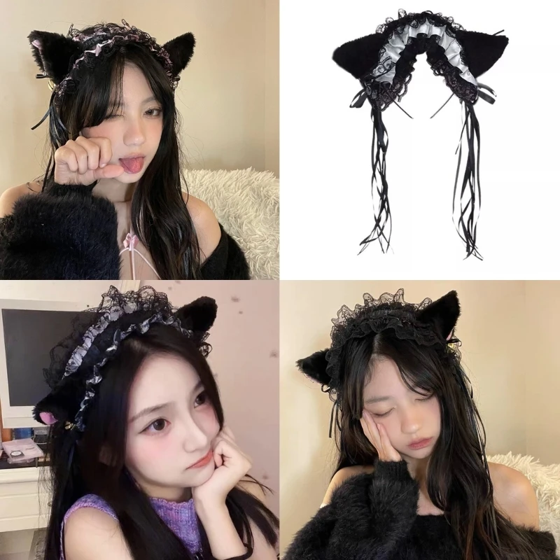 

Женская плиссированная кружевная повязка на голову с колокольчиками, праздничная повязка для волос с кошачьими ушками