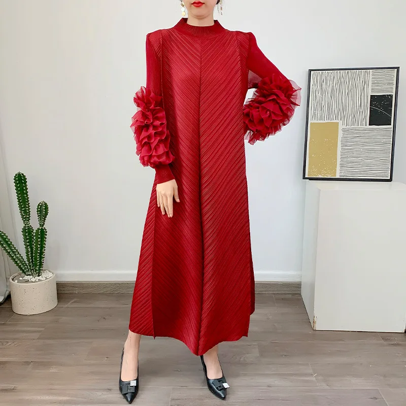 

Miyake Style Pleated Dress for Women 2023 Spring and Summer New Solid Color Long Loose Plus Size Elegant Plate Flower Long Dress