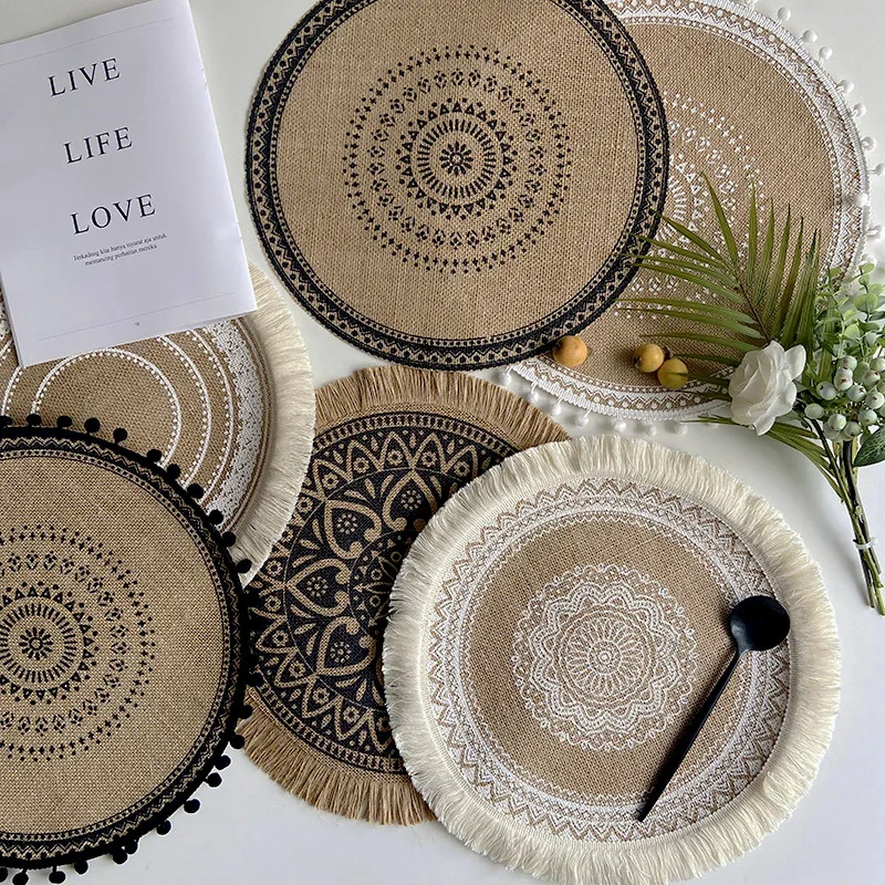 

Round Woven Table Placemat Retro Jute Heat Insulation Restaurant Home Decoration Dessert Pan Dining Table Mat Coffee Cup Coaster