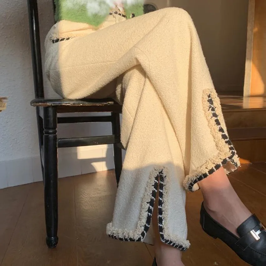 French Winter Small Fragrance Straight Tweed Wool Long Pants Women High Waist Floor Length Split Trousers
French Winter Small Fragrance Straight Tweed Wool Long Pants Women High Waist Floor Length Split Trousers