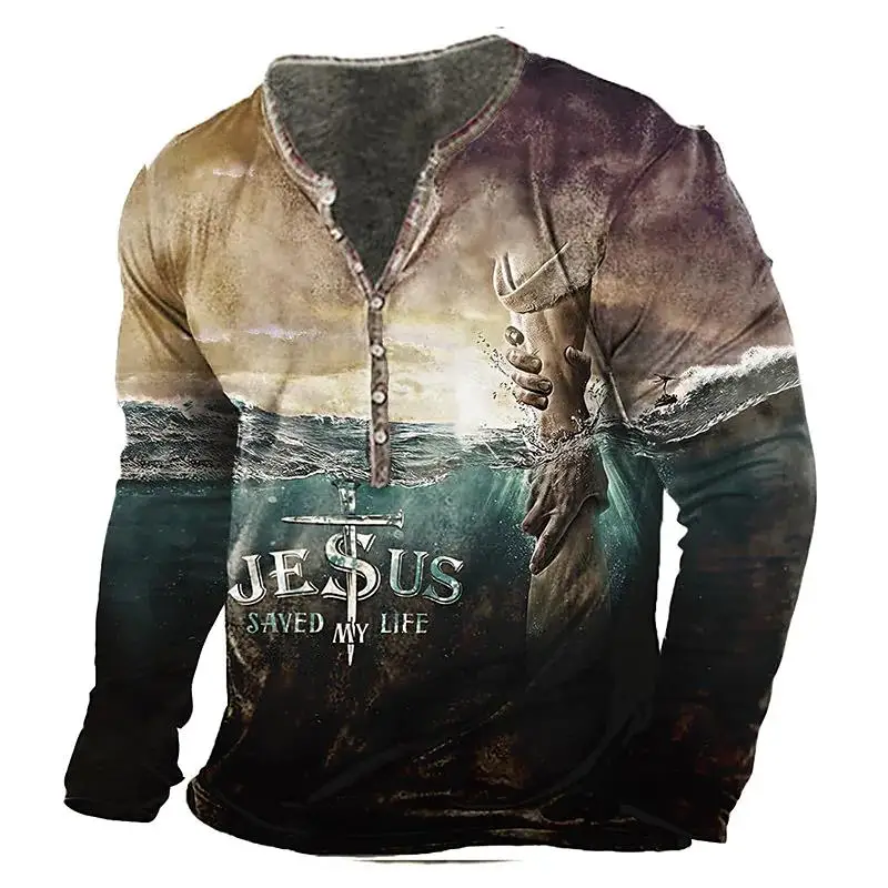 Vintage Long Sleeve T Shirt For Men 3d Jesus Print V-neck Henley Shirt Retro Skull T-shirts Oversized Top Tee Shirt Men Clothing
Vintage Long Sleeve T Shirt For Men 3d Jesus Print V-neck Henley Shirt Retro Skull T-shirts Oversized Top Tee Shirt Men Clothing