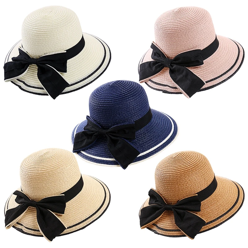 

Summer Wide Brim Panama Women Raffia Gorros Outdoor Vacation Sunscreen Straw Hat Woman Beach Sun Hats Bow Folding Caps 2022