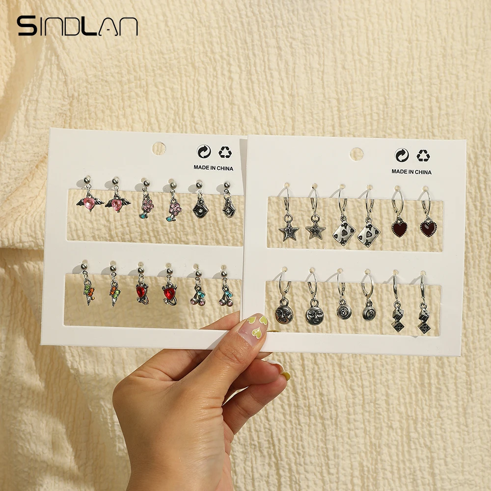 

Sindlan 12 Pairs Punk Silver Color Pendant Earrings for Women Goth Kpop Crystal Vintage Female Y2k Emo Jewelry Pendientes Aretes