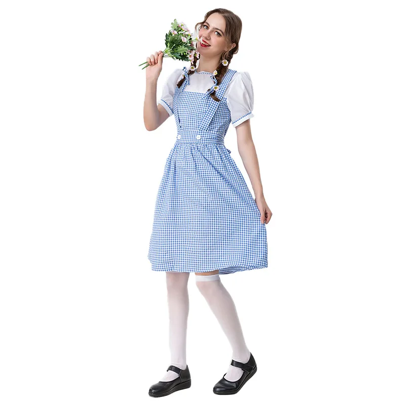 

Adult Cosplay Pastoral Style Blue Lattice Farm Dress Party Stage Performance Costume