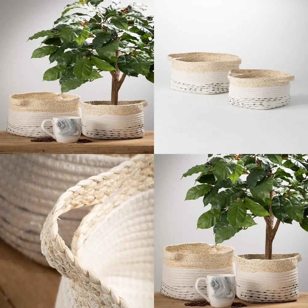 . Stylish Off-White/Green/Gold Maize & Natural 2-Basket Decorative Planters Set, 7"H & 7.5"H - Perfect for Home Decor.
. Stylish Off-White/Green/Gold Maize & Natural 2-Basket Decorative Planters Set, 7"H & 7.5"H - Perfect for Home Decor.