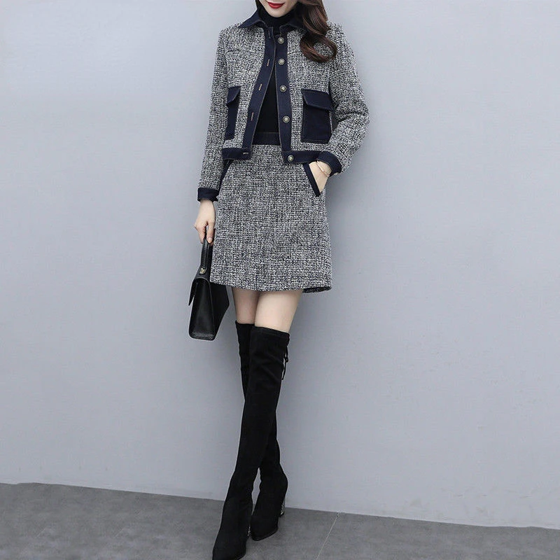Autumn Woman Fashion Suits Female Vintage Long Sleeve Pocket Tweed Jacket and High Waist A-Line Skirt Suit Two Piece Suits G502
Autumn Woman Fashion Suits Female Vintage Long Sleeve Pocket Tweed Jacket and High Waist A-Line Skirt Suit Two Piece Suits G502