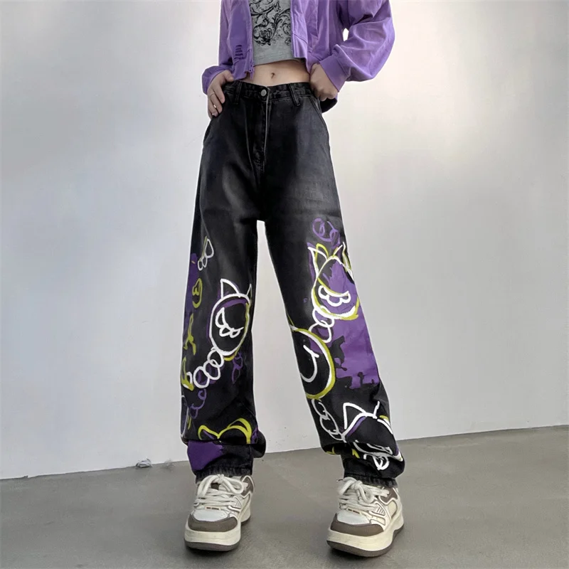 

Новые универсальные джинсы с широкими штанинами в уличном стиле со старым мультяшным граффити Y2K свободные прямые повседневные мешковатые джинсы женские брюки